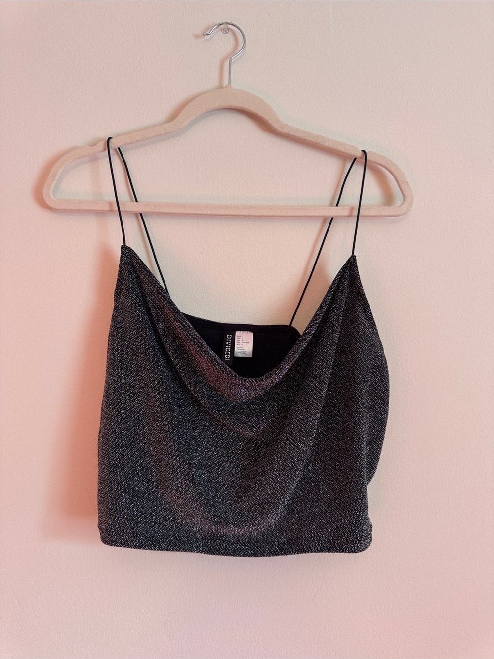 Divided Metallic Cowl Neck Spaghetti Strap Crop Top - Black Silver